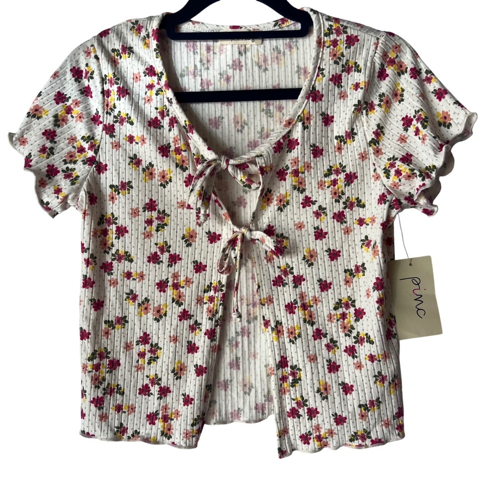 Pinc Womens Floral Ribbed Tie Front Cardigan Top White Pink Short Sleeve Size M
